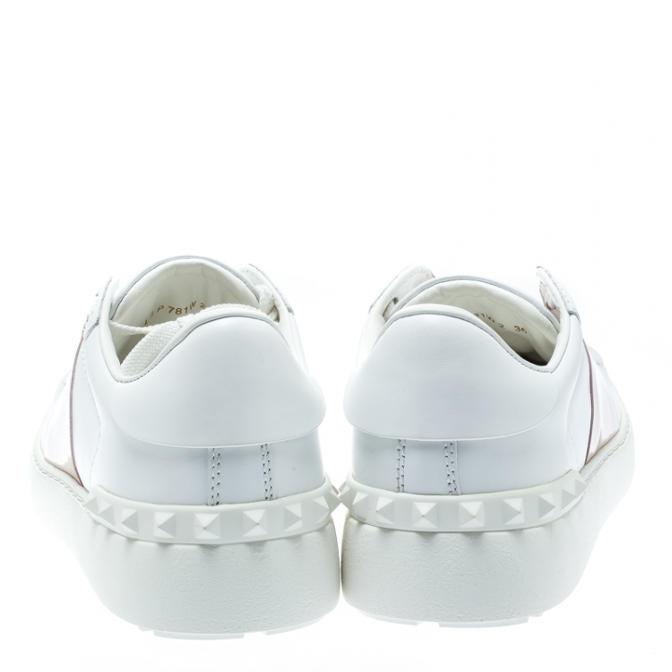 Pre Owned Valentino White and Blush Pink Band Leather Open Low Top Sneakers Size 36