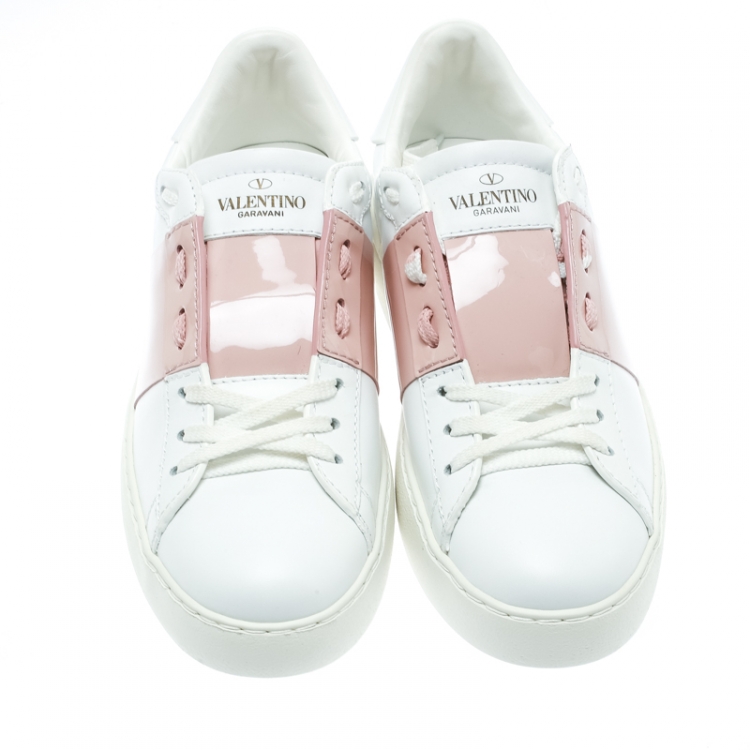 Pre Owned Valentino White and Blush Pink Band Leather Open Low Top Sneakers Size 36