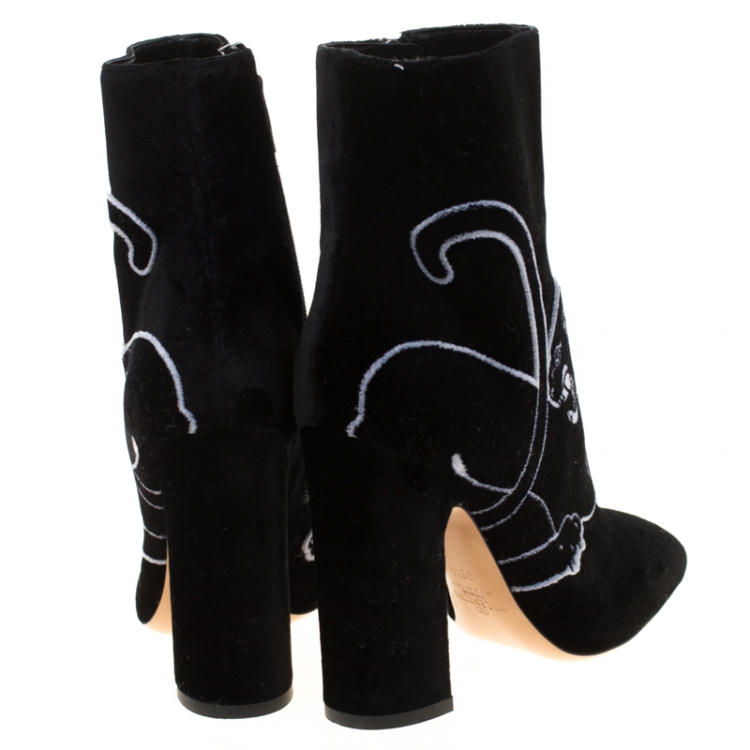 Pre Owned Valentino Black Velvet Panther Motif Block Heel Ankle Boots Size 36.5
