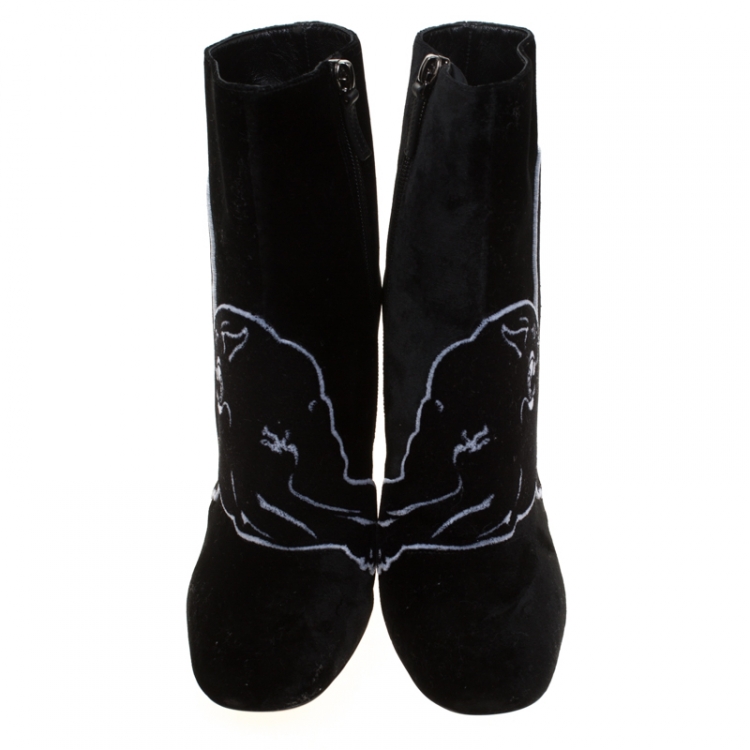 Pre Owned Valentino Black Velvet Panther Motif Block Heel Ankle Boots Size 36.5