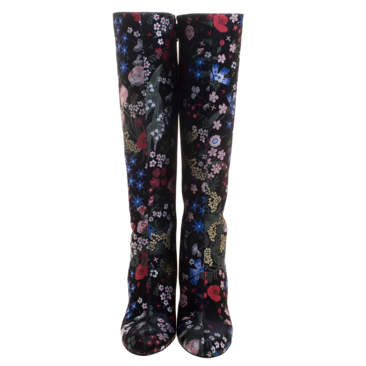 Pre Owned Valentino Black Spring Garden Brocade Knee Length Boots Size 38