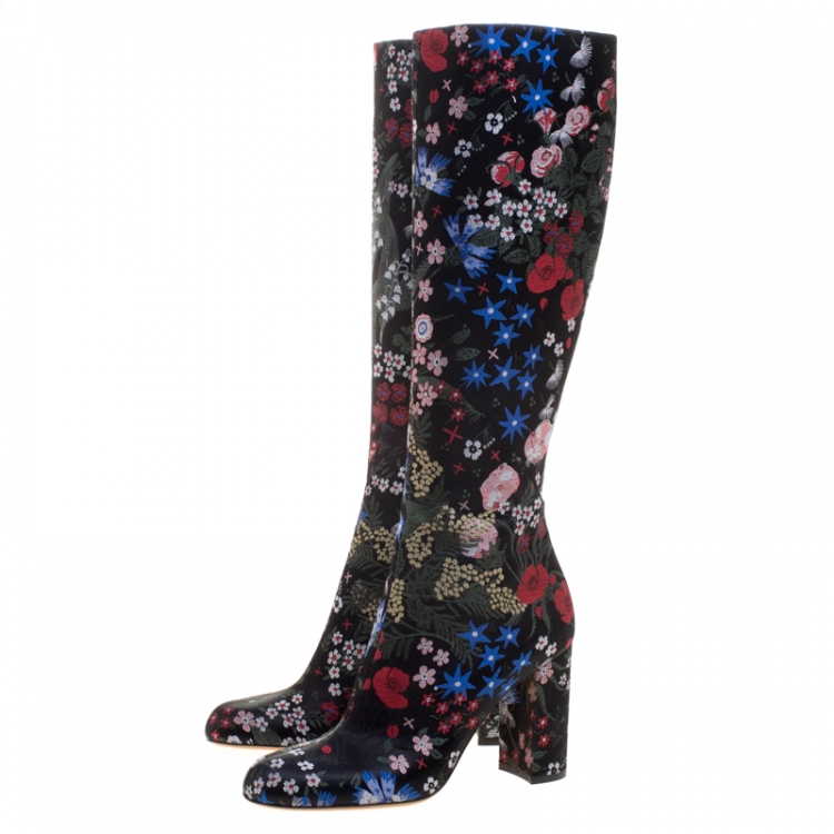 Pre Owned Valentino Black Spring Garden Brocade Knee Length Boots Size 40