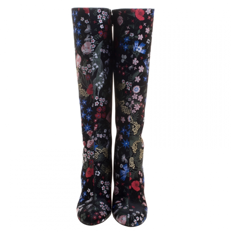 Pre Owned Valentino Black Spring Garden Brocade Knee Length Boots Size 40