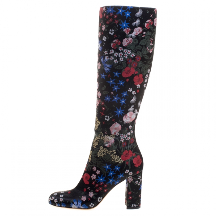 Pre Owned Valentino Black Spring Garden Brocade Knee Length Boots Size 40