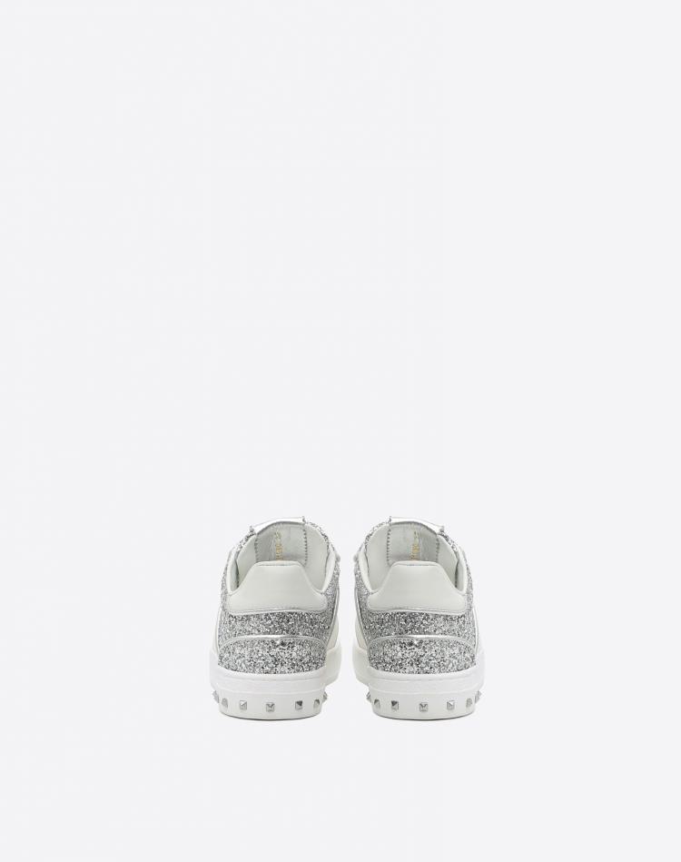 Pre Owned Valentino Argento/Bianco Glitter Flycrew Lace Up Sneakers Size 39.5