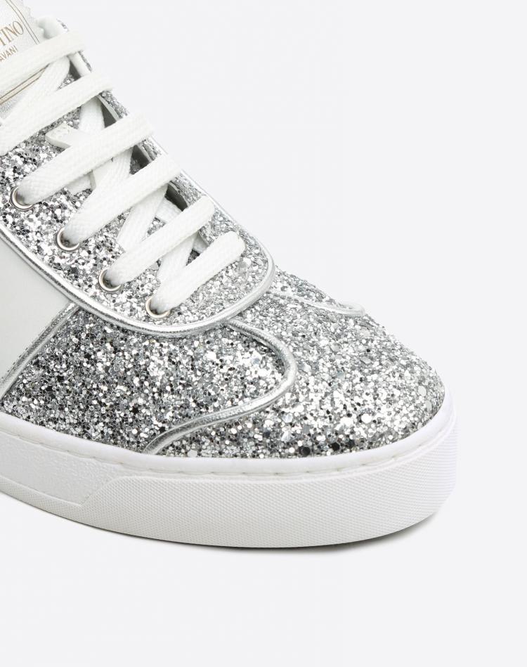مملوكة مسبقًا Valentino Argento/Bianco Glitter Flycrew Lace Up Sneakers Size 41