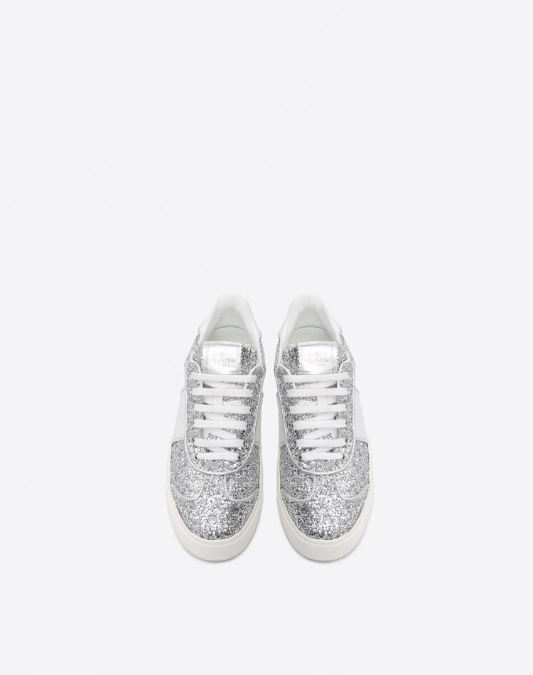 مملوكة مسبقًا Valentino Argento/Bianco Glitter Flycrew Lace Up Sneakers Size 41