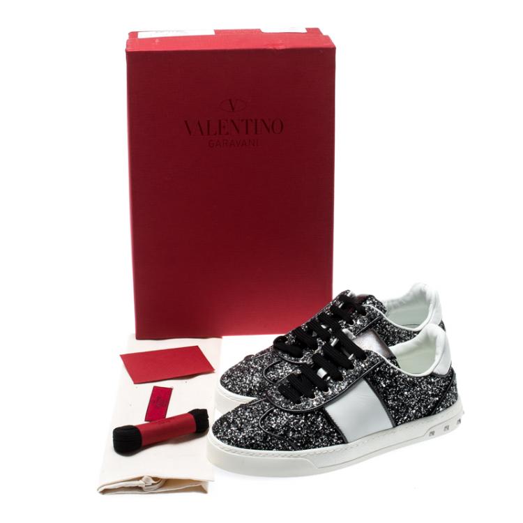 Pre Owned Valentino Rutenio/Bianco Glitter Flycrew Lace Up Sneakers Size 37.5