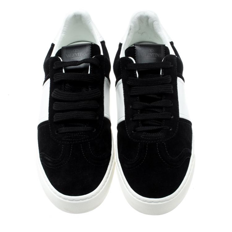 Pre Owned Valentino Bianco/Nero Suede and Leather Flycrew Lace Up Sneakers Size 39.5