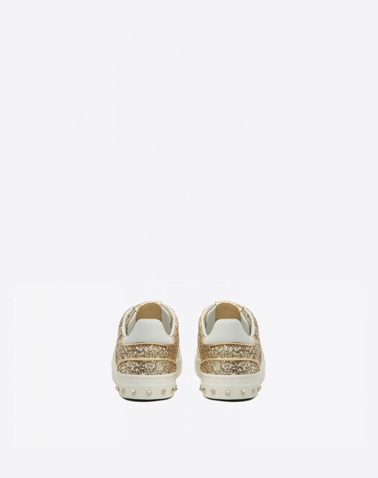 مملوكة مسبقًا Valentino Oro/Bianco Glitter Flycrew Lace Up Sneakers Size 37