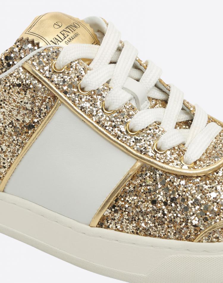 مملوكة مسبقًا Valentino Oro/Bianco Glitter Flycrew Lace Up Sneakers Size 37