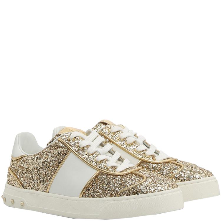 مملوكة مسبقًا Valentino Oro/Bianco Glitter Flycrew Lace Up Sneakers Size 37