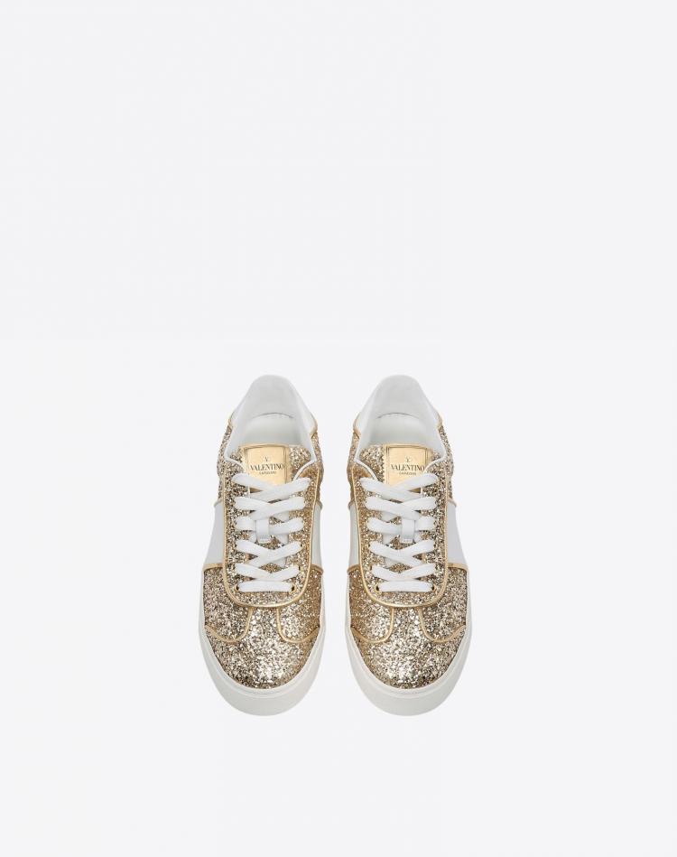 Pre Owned Valentino Oro/Bianco Glitter Flycrew Lace Up Sneakers Size 39.5