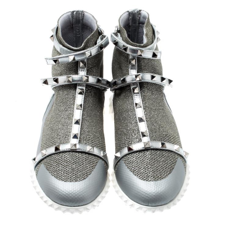 Pre Owned Valentino Silver/Bianco Stretch Knit and Leather Rockstud Bodytech High Top Sneakers Size 38.5