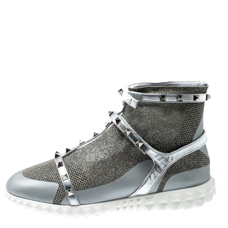 Valentino Silver/Bianco Stretch Knit and Leather Rockstud Bodytech High Top Sneakers Size 38.5 Valentino |