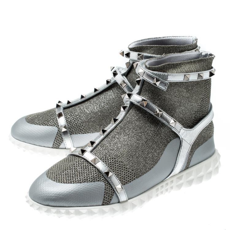 Pre Owned Valentino Silver/Bianco Stretch Knit and Leather Rockstud Bodytech High Top Sneakers Size 38.5