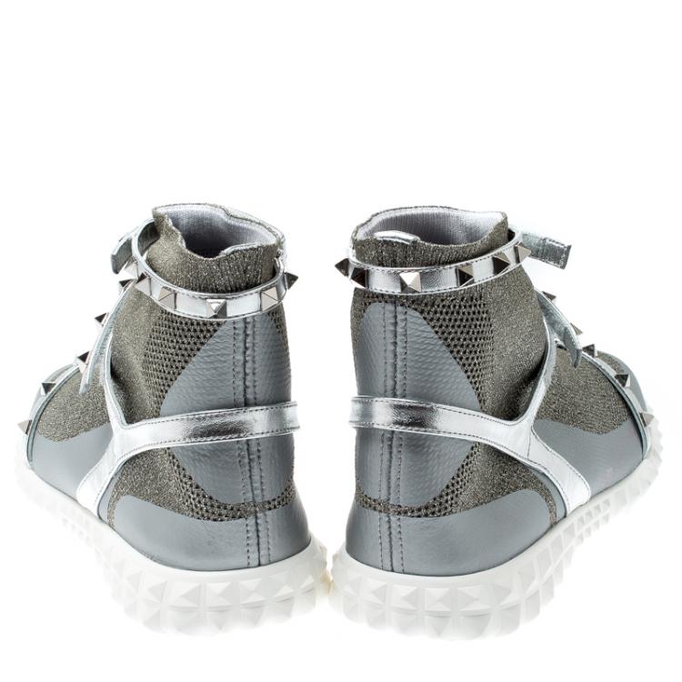 Pre Owned Valentino Silver/Bianco Stretch Knit and Leather Rockstud Bodytech High Top Sneakers Size 38.5