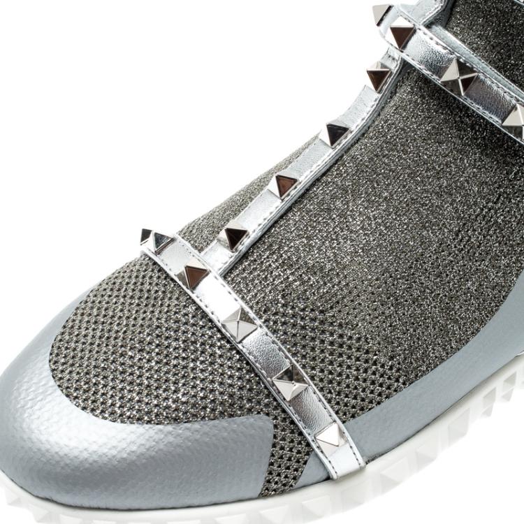Pre Owned Valentino Silver/Bianco Stretch Knit and Leather Rockstud Bodytech High Top Sneakers Size 38.5