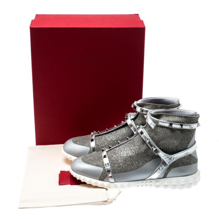 Pre Owned Valentino Silver/Bianco Stretch Knit and Leather Rockstud Bodytech High Top Sneakers Size 38.5
