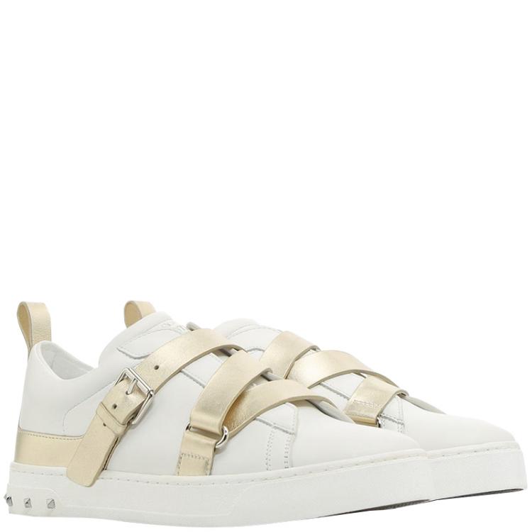 مملوكة مسبقًا Valentino Bianco/Platino Soft Nappa Leather V-Punk Velcro Sneakers Size 37.5