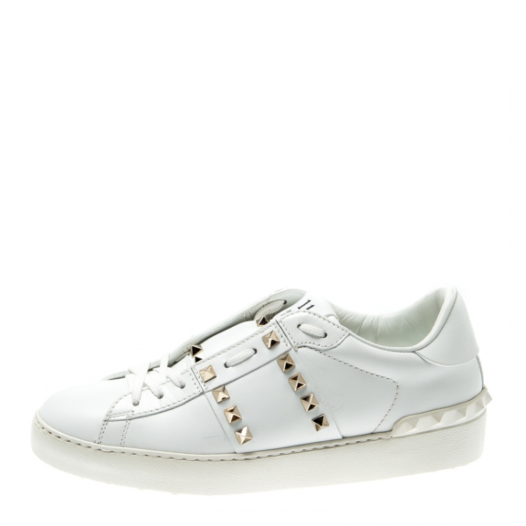Pre Owned Valentino White Leather Rockstud Untitled Low Top Sneakers Size 38