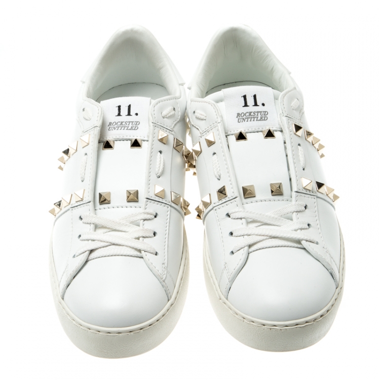 Pre Owned Valentino White Leather Rockstud Untitled Low Top Sneakers Size 38