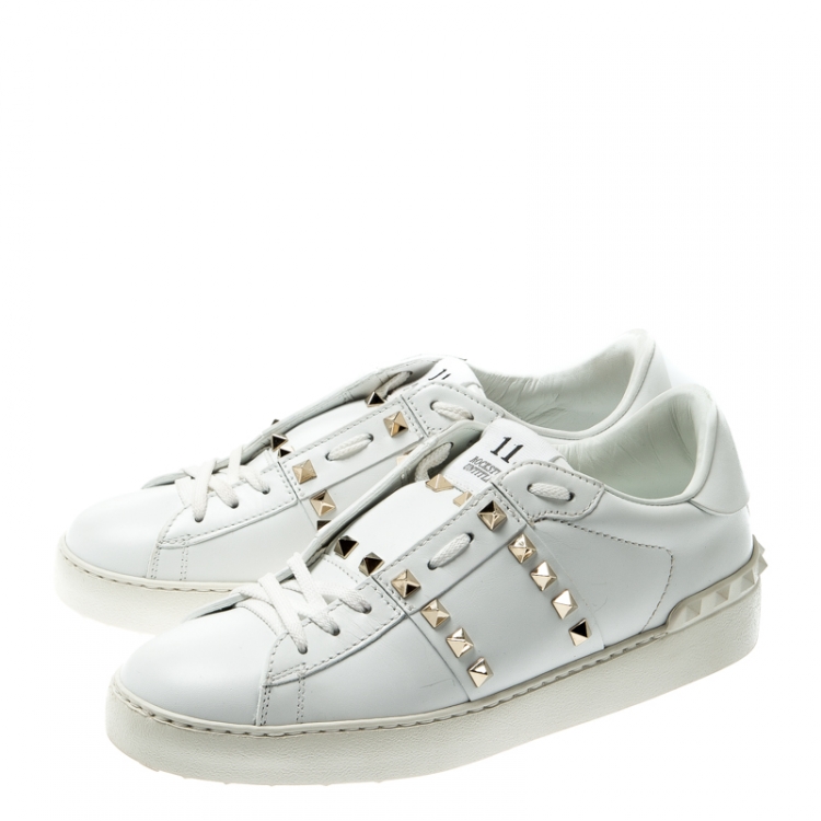 Pre Owned Valentino White Leather Rockstud Untitled Low Top Sneakers Size 38