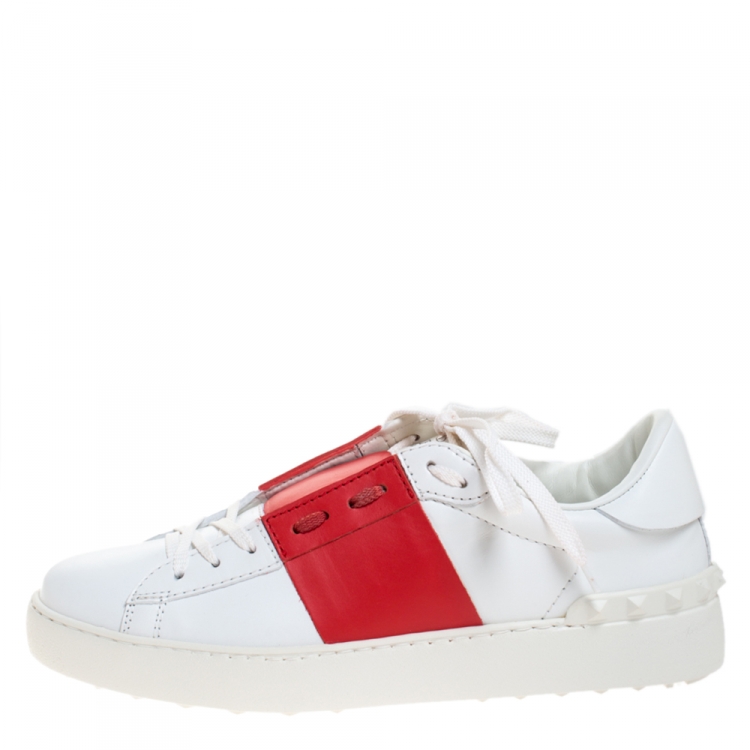 Valentino White And Red Band Leather Top Sneakers Size Valentino |