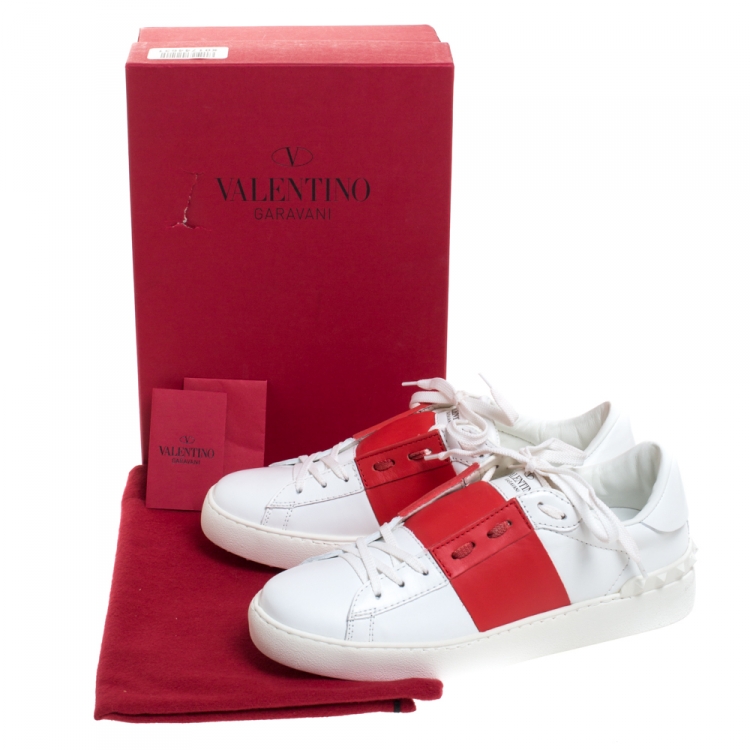 Pre Owned Valentino White And Red Band Leather Open Low Top Sneakers Size 40