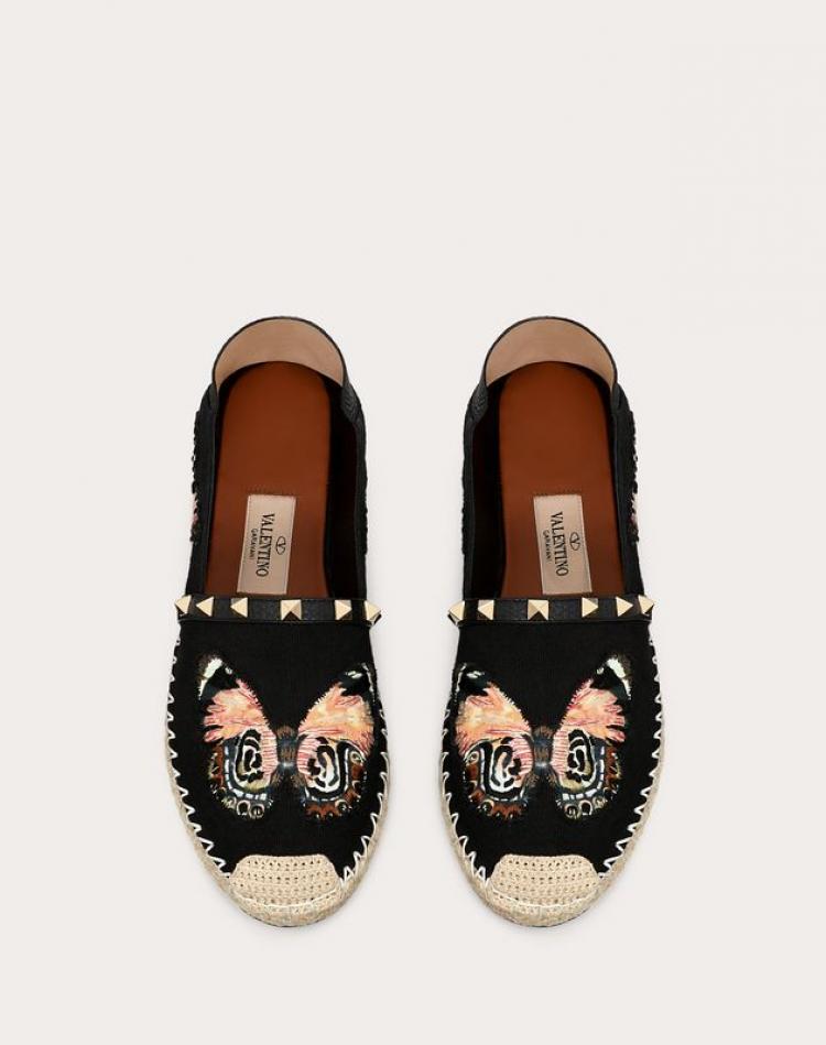 Pre Owned Valentino Black Canvas Embroidered Butterfly Espadrille Slip on Sneakers Size 40