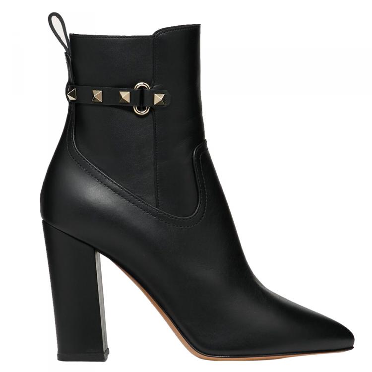 Pre Owned Valentino Black Leather Rockstud Ankle Boots Size 37