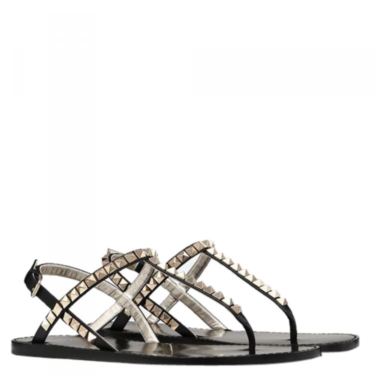 Valentino Black Leather Rockstud No Limit Flat Thong Sandals Size