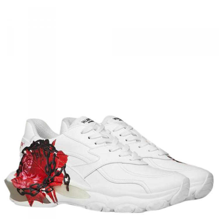Pre Owned Valentino White Chain Rose by Undercover Print Leather Bounce Sneakers Size 38