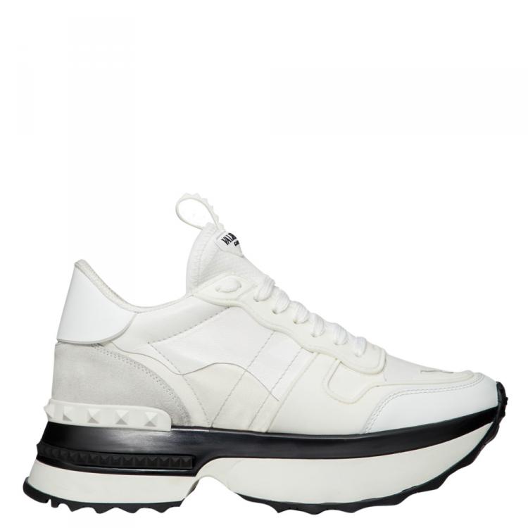 مملوكة مسبقًا Valentino White Fabric and Leather Camouflage Rockrunner.Up Platform Sneakers Size 38.5