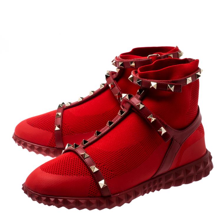 مملوكة مسبقًا Valentino Rosso V. Stretch Knit and Leather Rockstud Bodytech High Top Sneakers Size 39.5