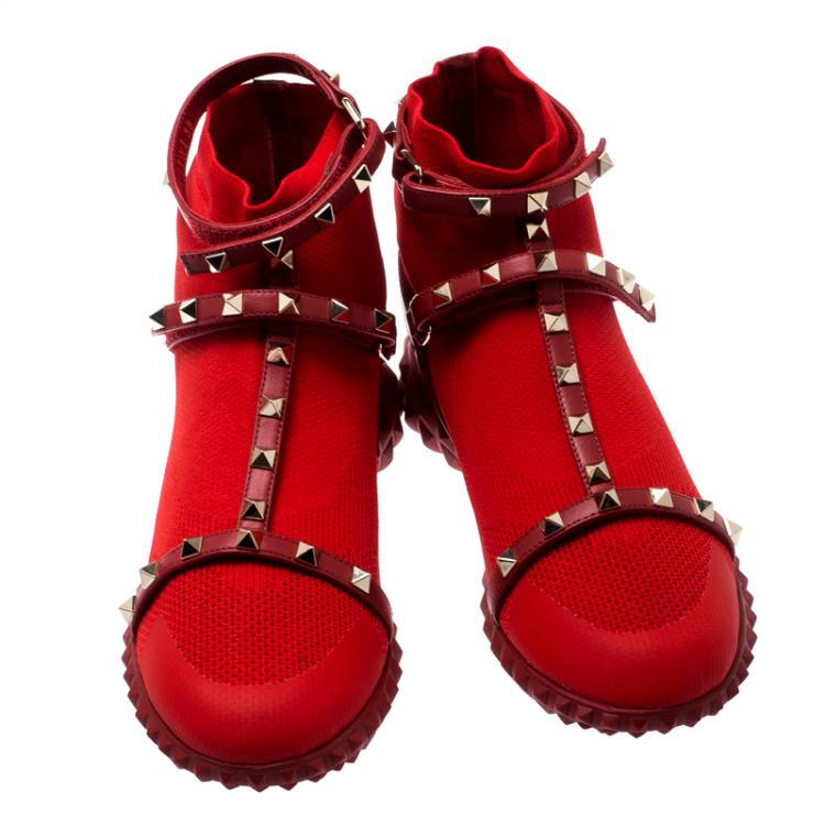 مملوكة مسبقًا Valentino Rosso V. Stretch Knit and Leather Rockstud Bodytech High Top Sneakers Size 39.5