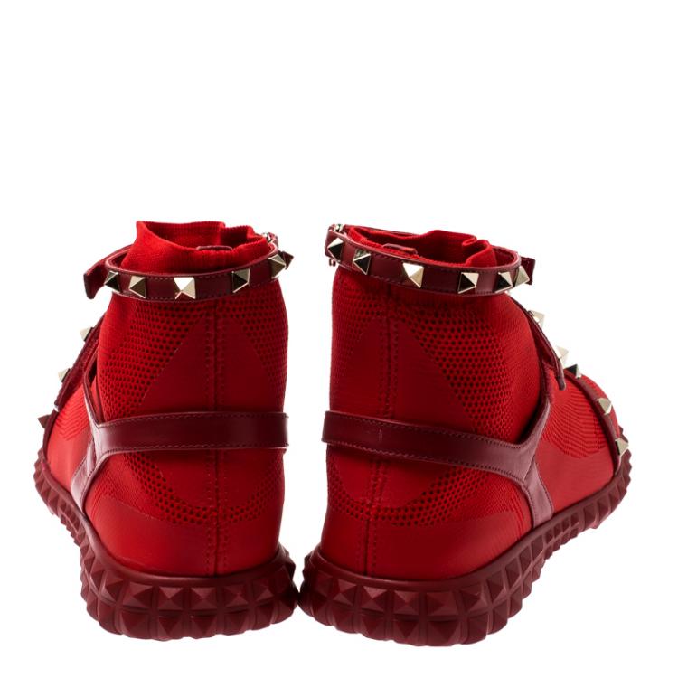مملوكة مسبقًا Valentino Rosso V. Stretch Knit and Leather Rockstud Bodytech High Top Sneakers Size 39.5
