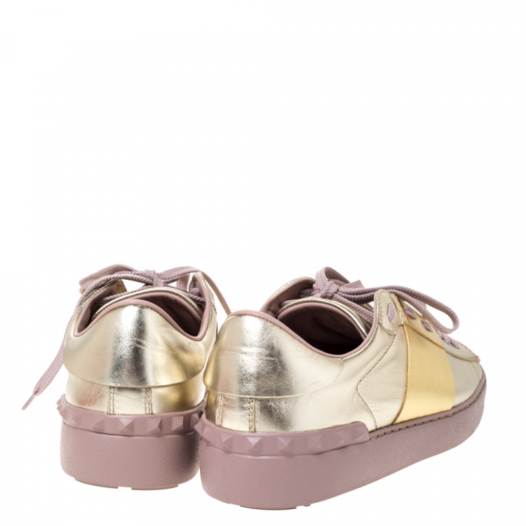 Pre Owned Valentino Metallic Gold Band Leather Open Low Top Sneakers Size 38