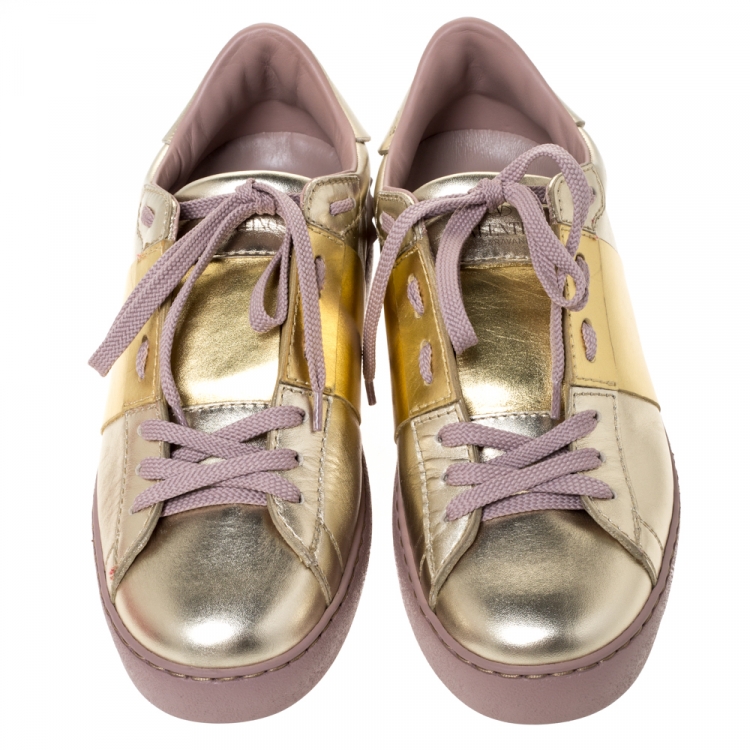 Pre Owned Valentino Metallic Gold Band Leather Open Low Top Sneakers Size 38
