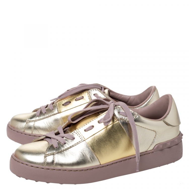 Pre Owned Valentino Metallic Gold Band Leather Open Low Top Sneakers Size 38