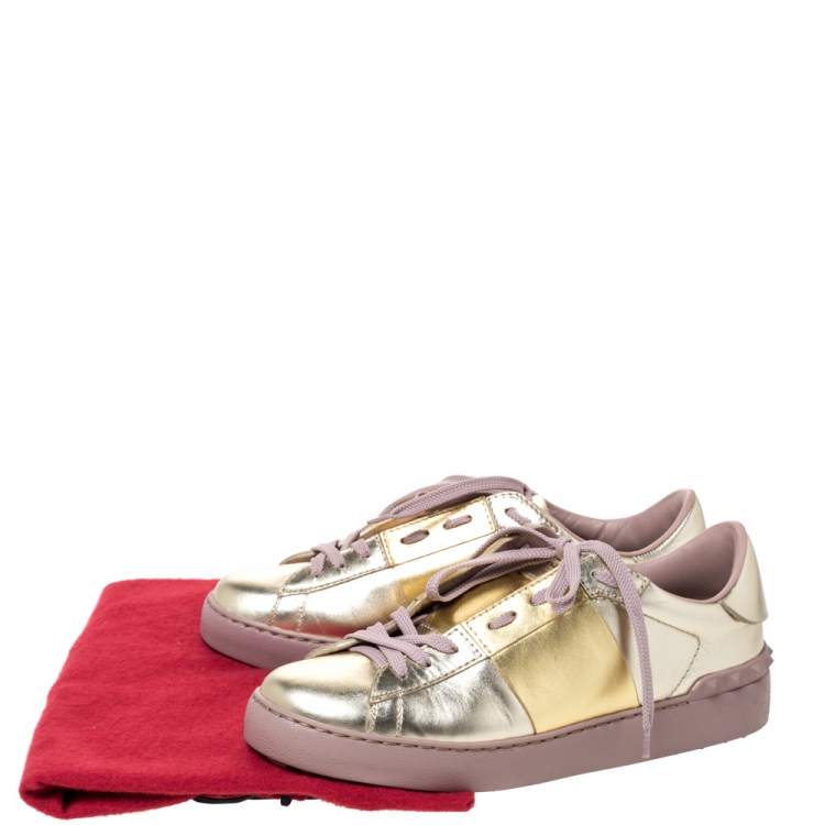 Pre Owned Valentino Metallic Gold Band Leather Open Low Top Sneakers Size 38