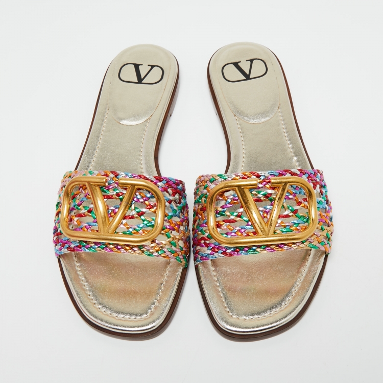 Valentino Multicolor Braided Leather VLOGO Flat Slides Size 40.5