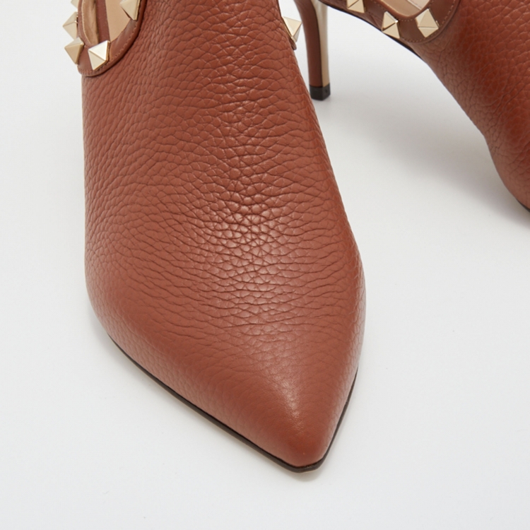 Pre Owned Valentino Brown Leather Rockstud Cutout Pointed Toe Ankle Boots Size 36.5