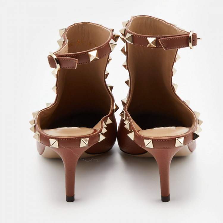 Pre Owned Valentino Brown Leather Rockstud Cutout Pointed Toe Ankle Boots Size 36.5
