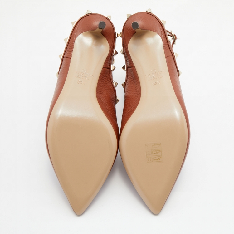 Pre Owned Valentino Brown Leather Rockstud Cutout Pointed Toe Ankle Boots Size 36.5