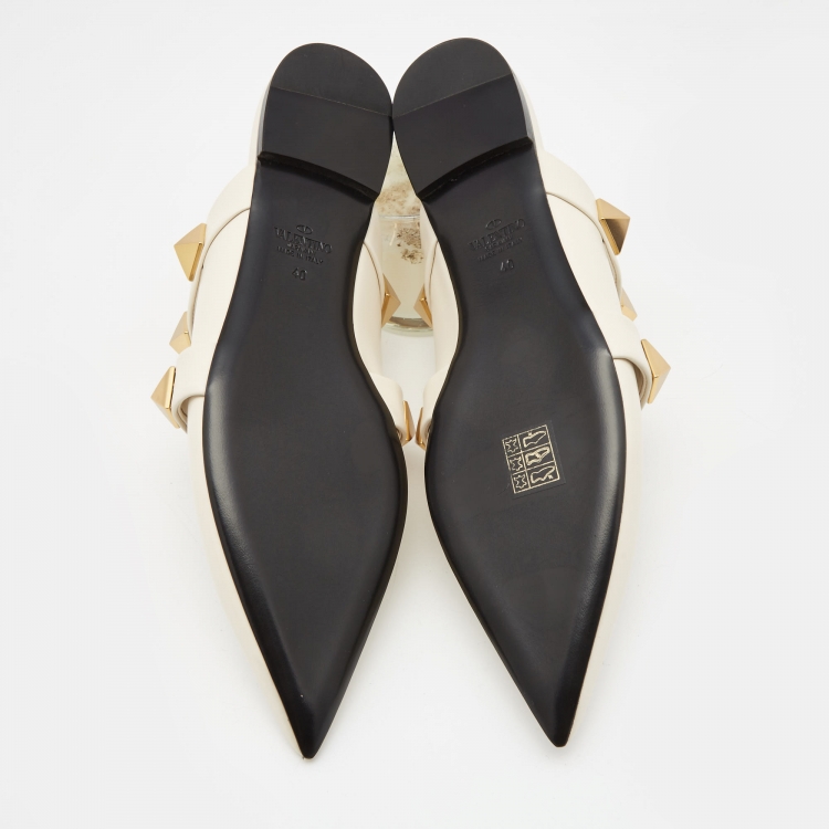 Pre Owned Valentino White Leather Roman Stud Flat Mules Size 40 