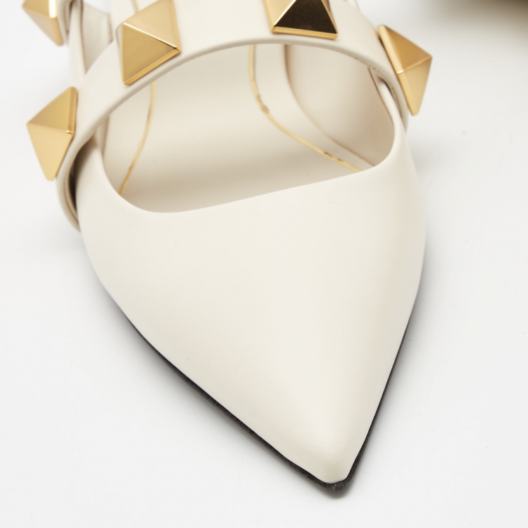 Pre Owned Valentino White Leather Roman Stud Flat Mules Size 40 