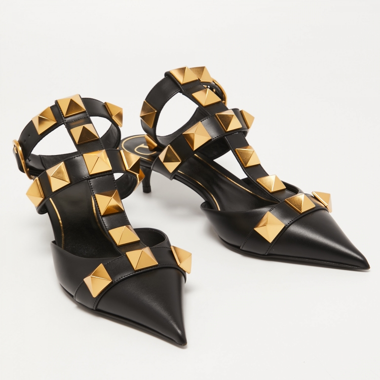 Pre Owned Valentino Black Leather Roman Stud Ankle Cuff Pointed Toe Pumps Size 38