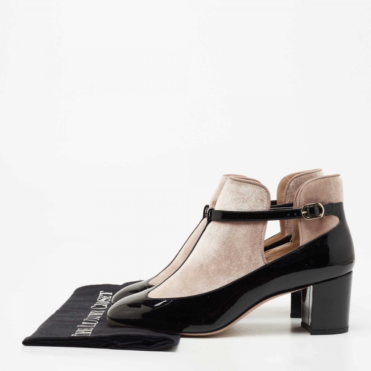 Pre Owned Valentino Black/Beige Velvet and Patent Leather Ankle Boots Size 38