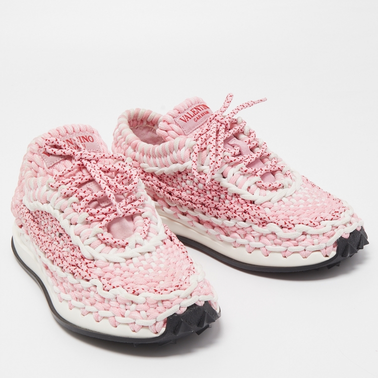 Pre Owned Valentino Pink/White Woven Fabric Low Top Sneakers Size 38